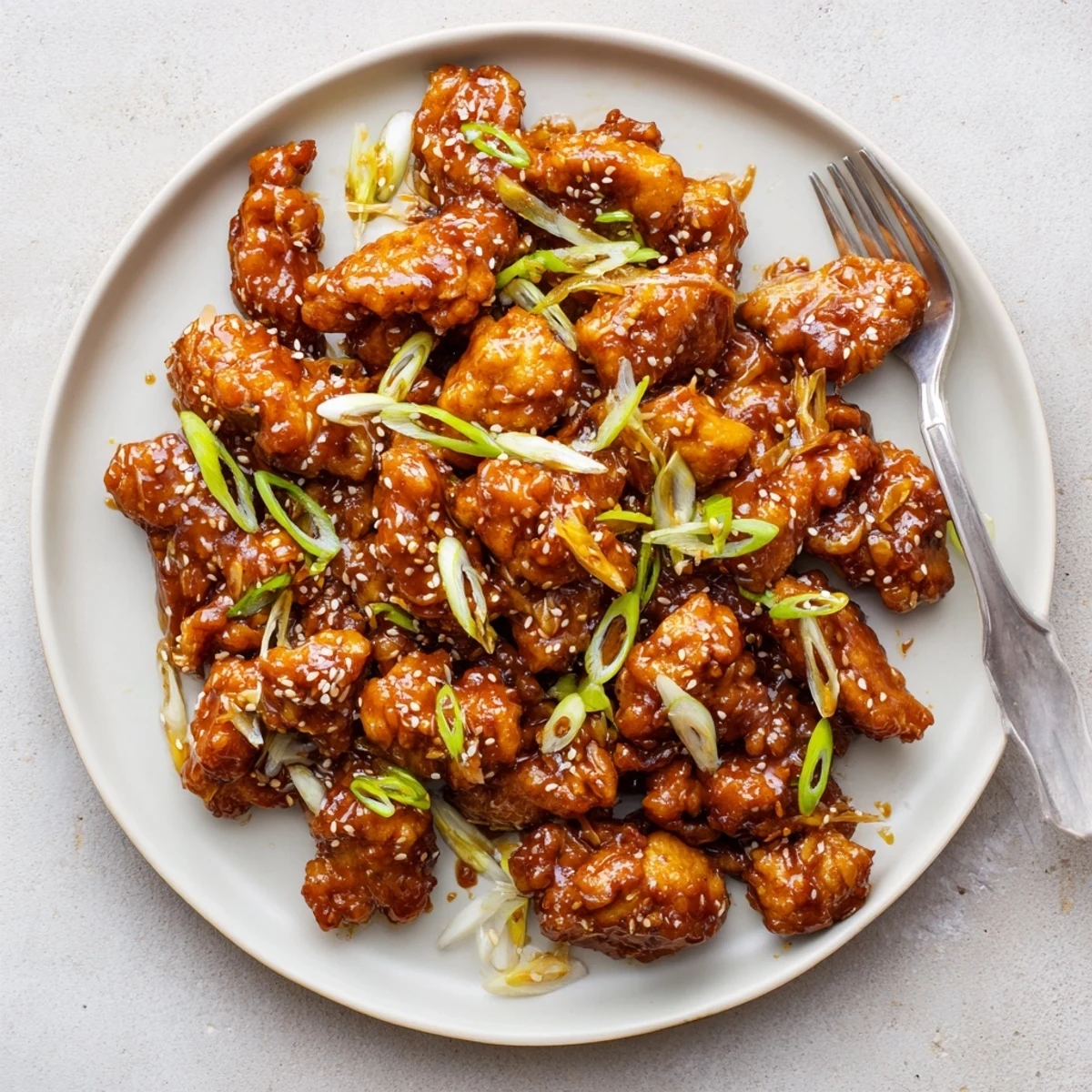 Golden brown Mongolian chicken pieces coated in a glossy brown sugar soy sauce with green onion garnish