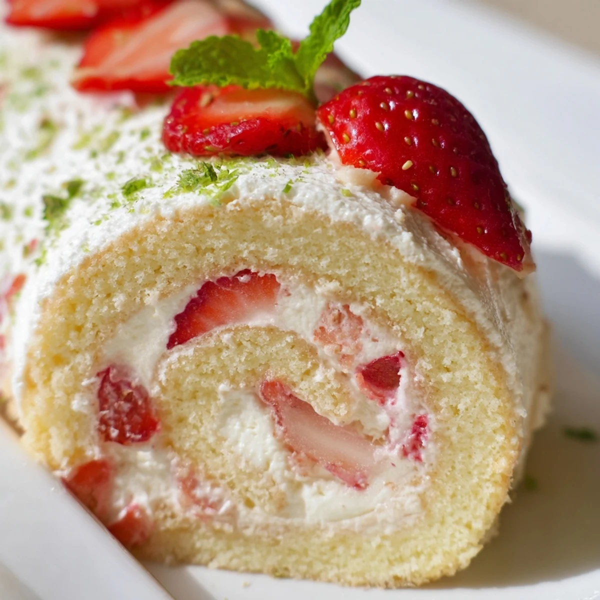 Colorful strawberry shortcake sushi rolls with fresh strawberries and whipped cream on a white plate