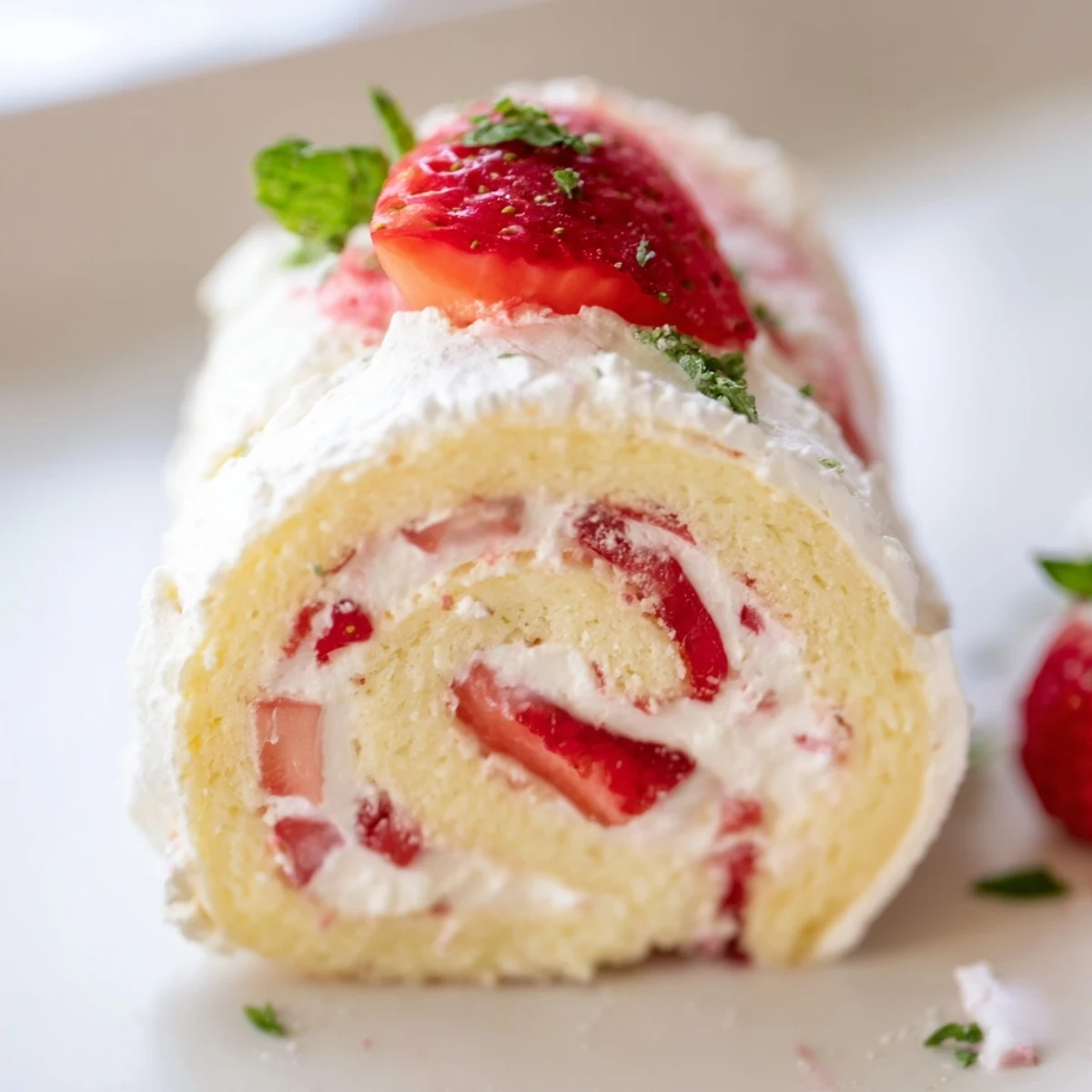 Playful dessert sushi featuring vanilla cake rolled with sweet strawberries and fluffy whipped cream garnish