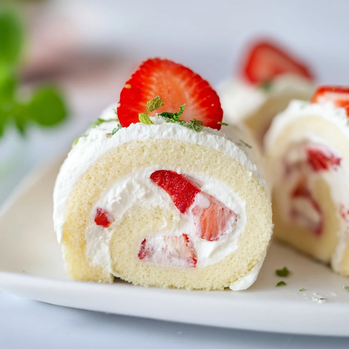 Fusion strawberry shortcake sushi slices topped with fresh strawberry mint on elegant serving platter