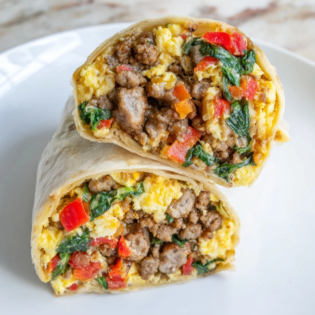 Golden make-ahead breakfast burritos wrapped in foil with fluffy scrambled eggs, melted cheddar, and savory sausage filling