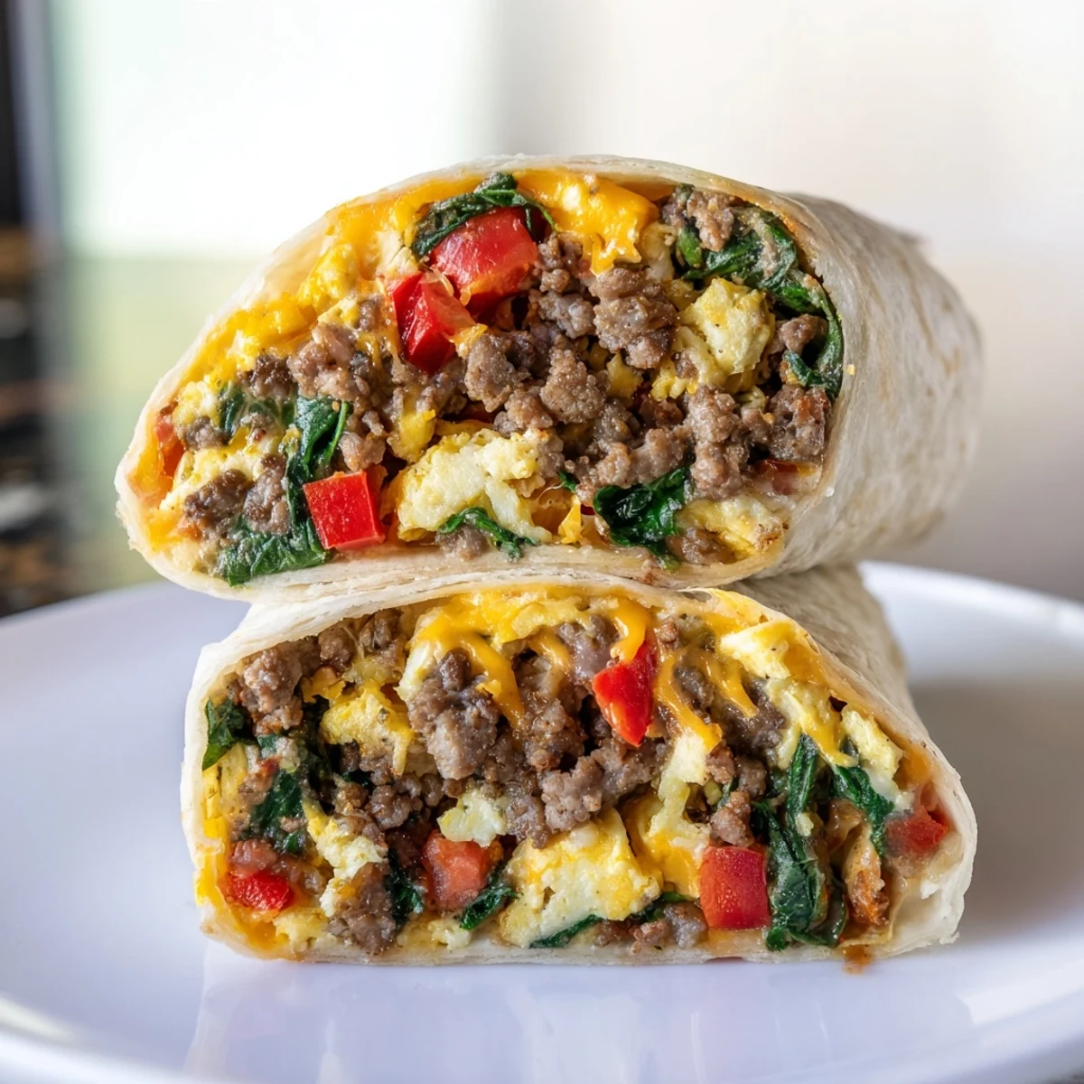 Hand-held make-ahead breakfast burritos featuring fluffy eggs, sausage, vegetables, and melted cheddar ready for freezing