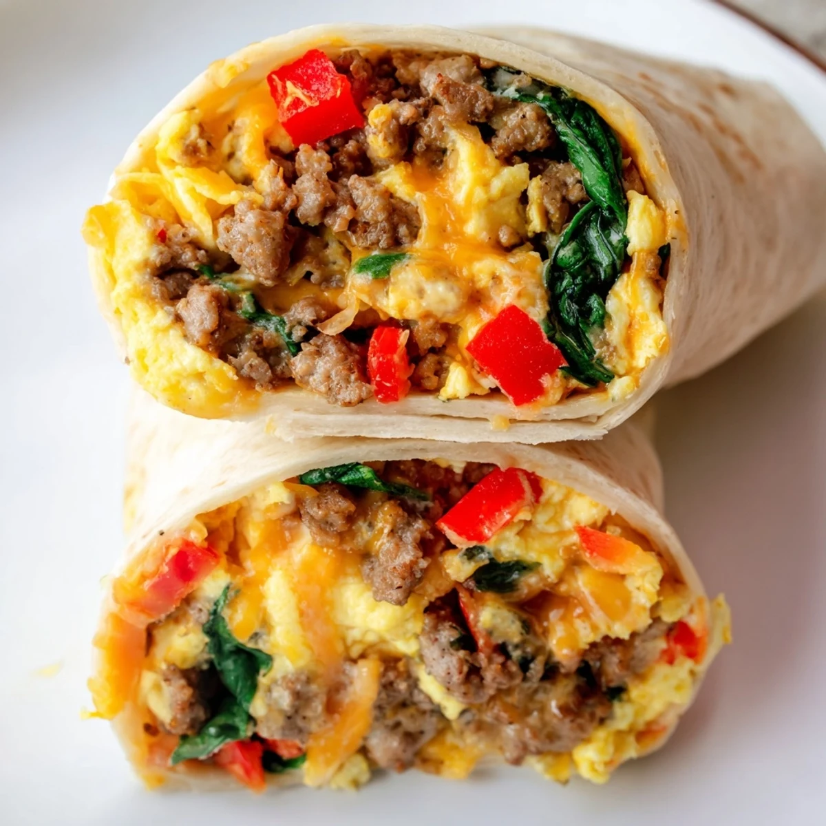 Warm flour tortilla overflowing with seasoned eggs, colorful peppers, spinach, and cheese in these make-ahead breakfast burritos