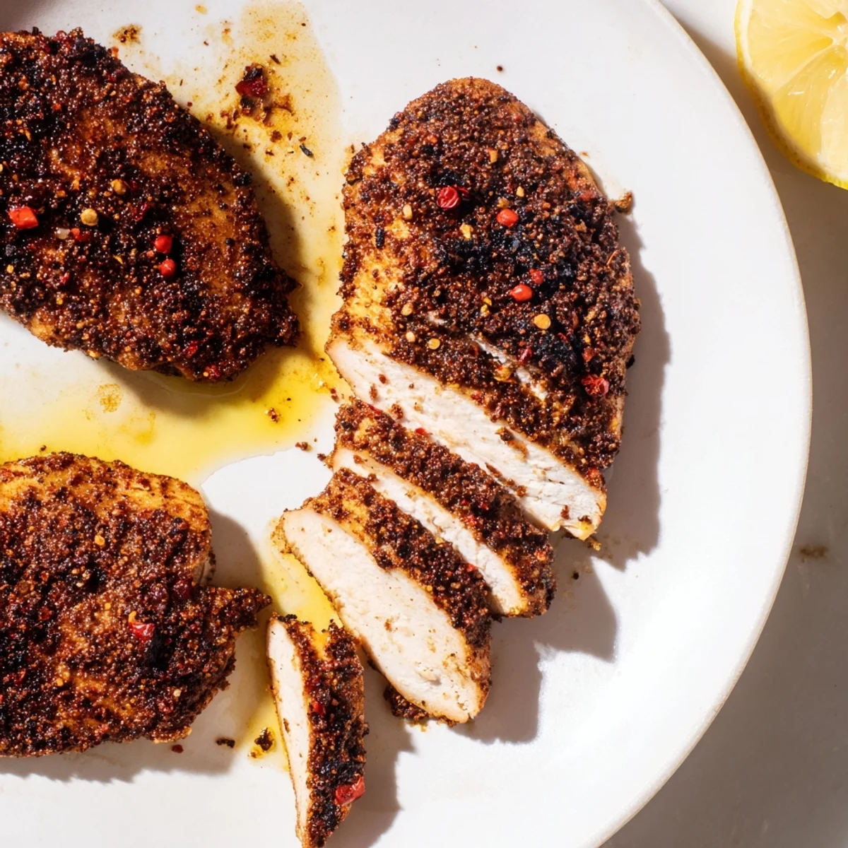Close-up of blackened chicken showing the darkened Cajun spice coating and tender interior
