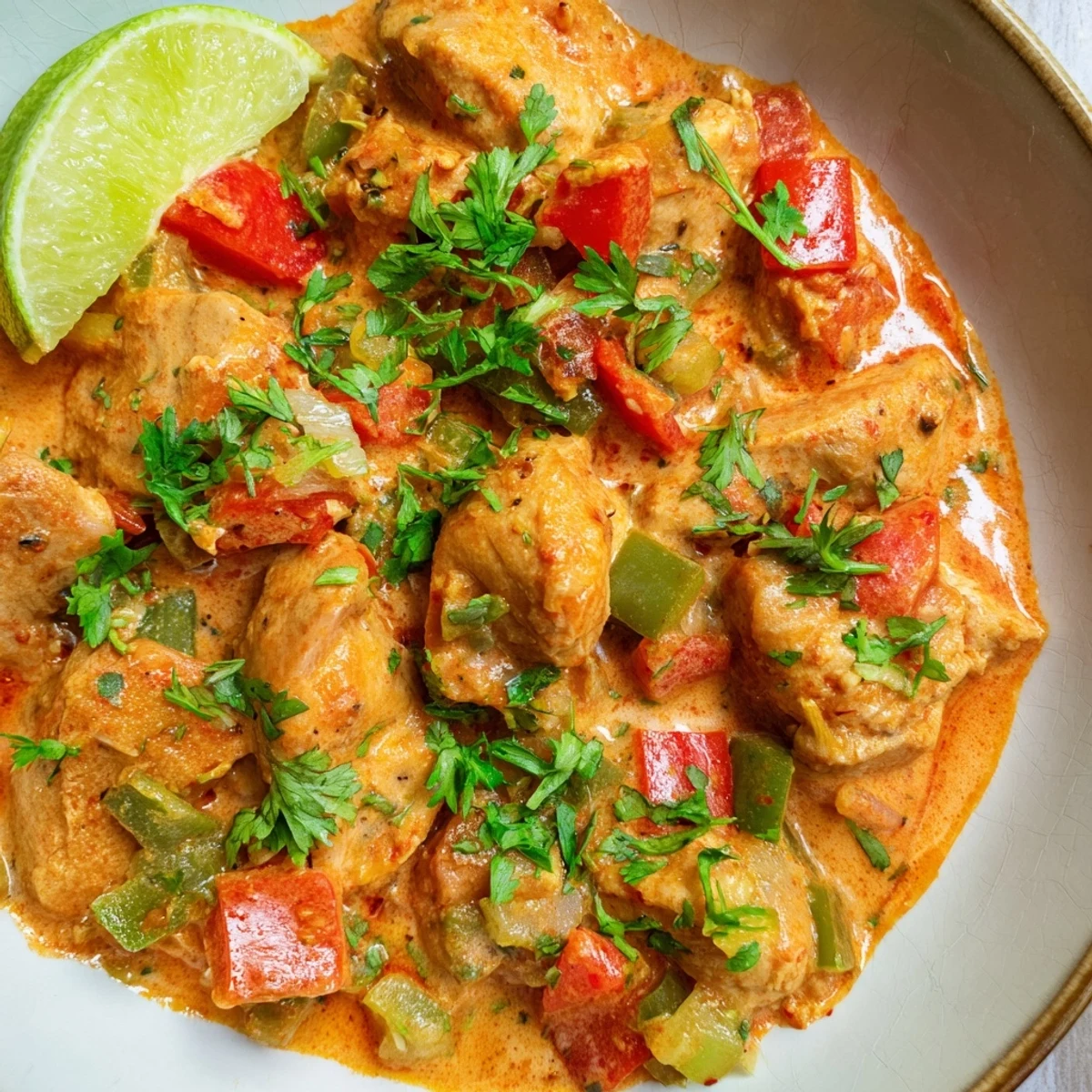 Tender chicken thighs simmered in aromatic coconut milk sauce with diced tomatoes and fresh chopped cilantro garnish on white plate