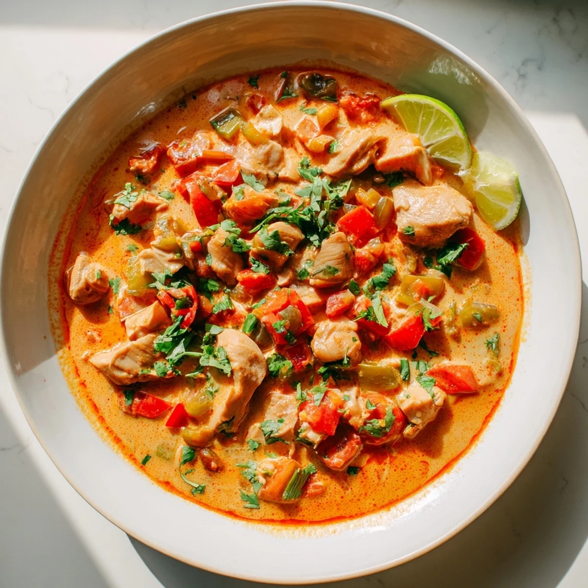 Golden spicy Brazilian coconut chicken pieces swimming in rich creamy orange sauce with vibrant red and green bell pepper flecks