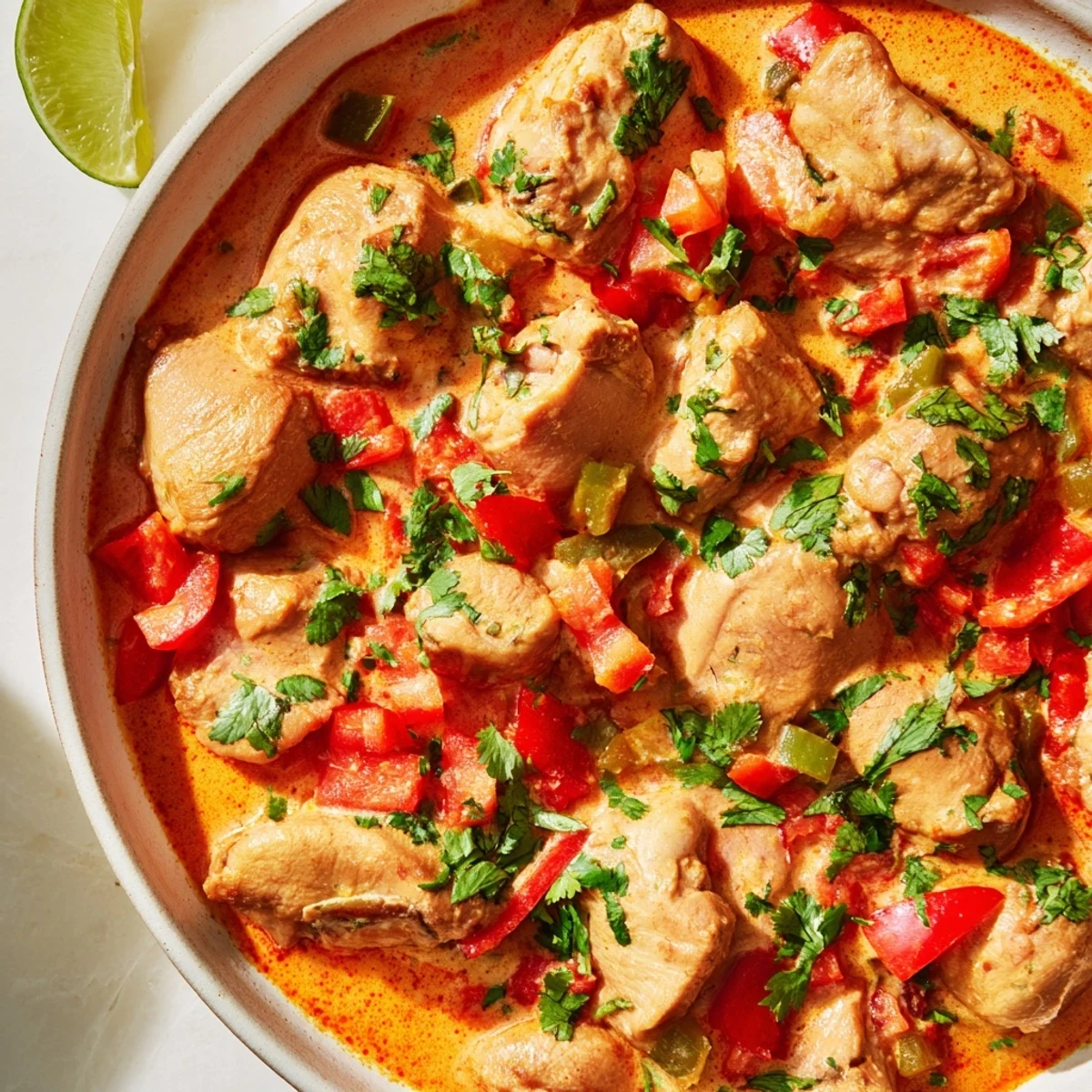 Steam rising from bowl of spicy Brazilian coconut chicken served with fluffy white rice and lime wedge on rustic wooden table