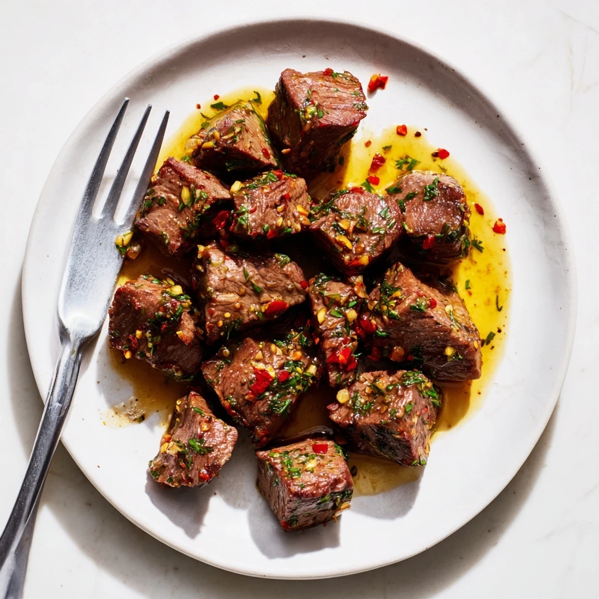 Golden cowboy butter steak bites seared in skillet with melted garlic herb sauce