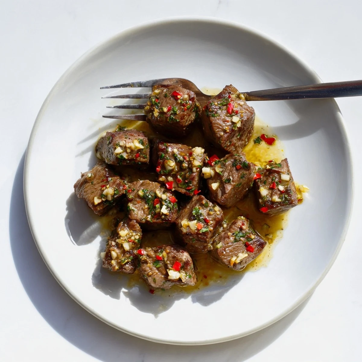 Tender steak cubes coated in zesty cowboy butter sauce with fresh parsley and chives
