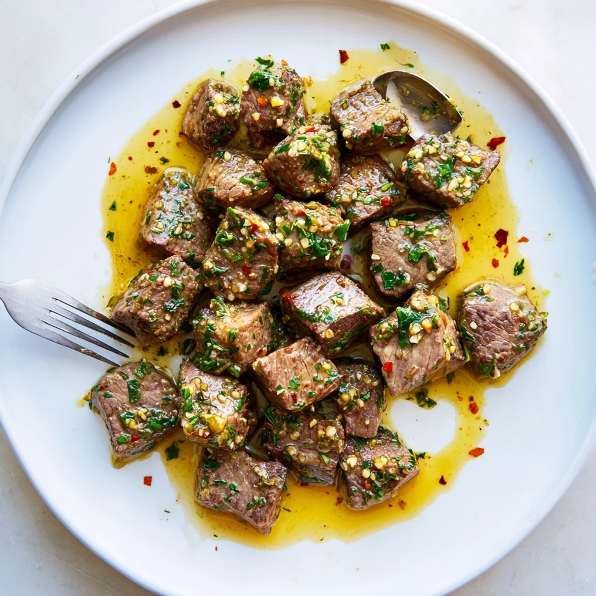 Sizzling cowboy butter steak bites tossed in spicy garlic butter sauce with red pepper flakes