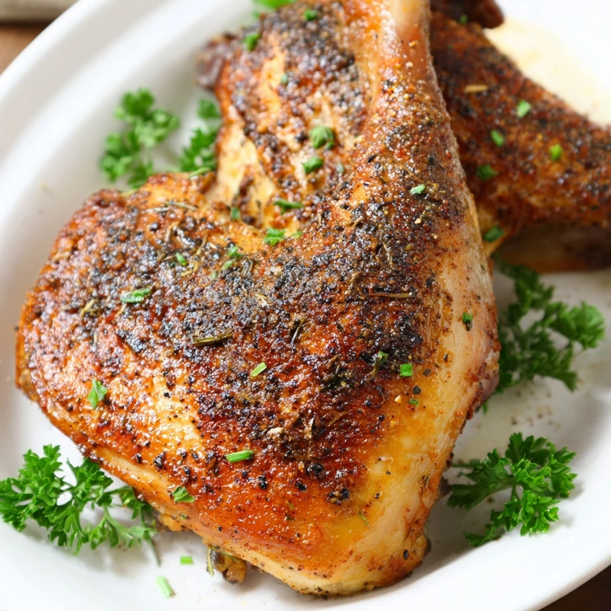 Golden baked chicken leg quarters with crispy skin roasted to juicy perfection on a wire rack