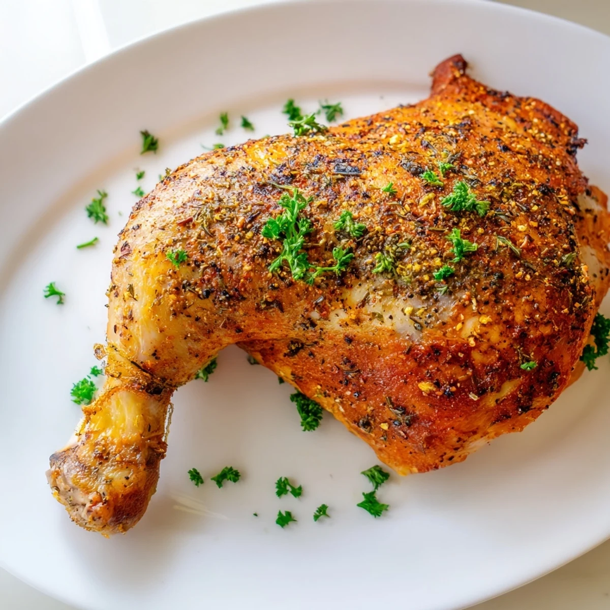 Seasoned oven roasted chicken leg quarters with deep golden brown skin and tender meat inside