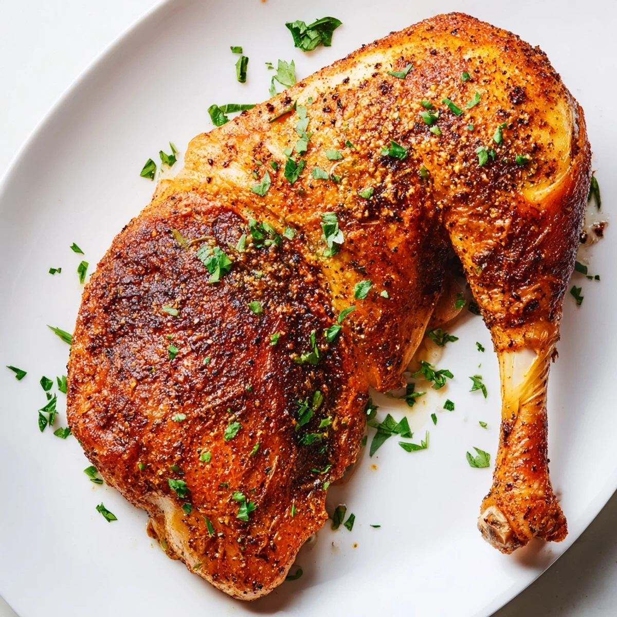 Juicy baked chicken leg quarters garnished with fresh parsley and served with lemon wedges