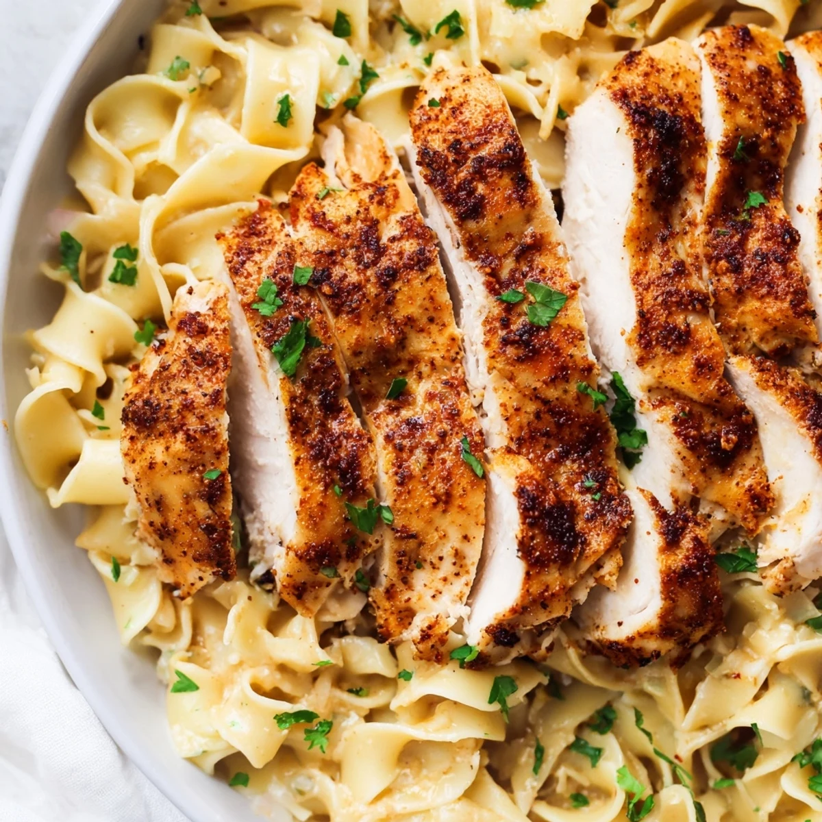 Golden brown chicken breasts resting over buttery egg noodles garnished with fresh parsley in a skillet