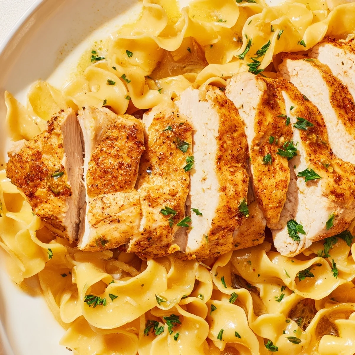 One pan chicken with buttered noodles featuring tender sliced meat atop silky parmesan coated pasta