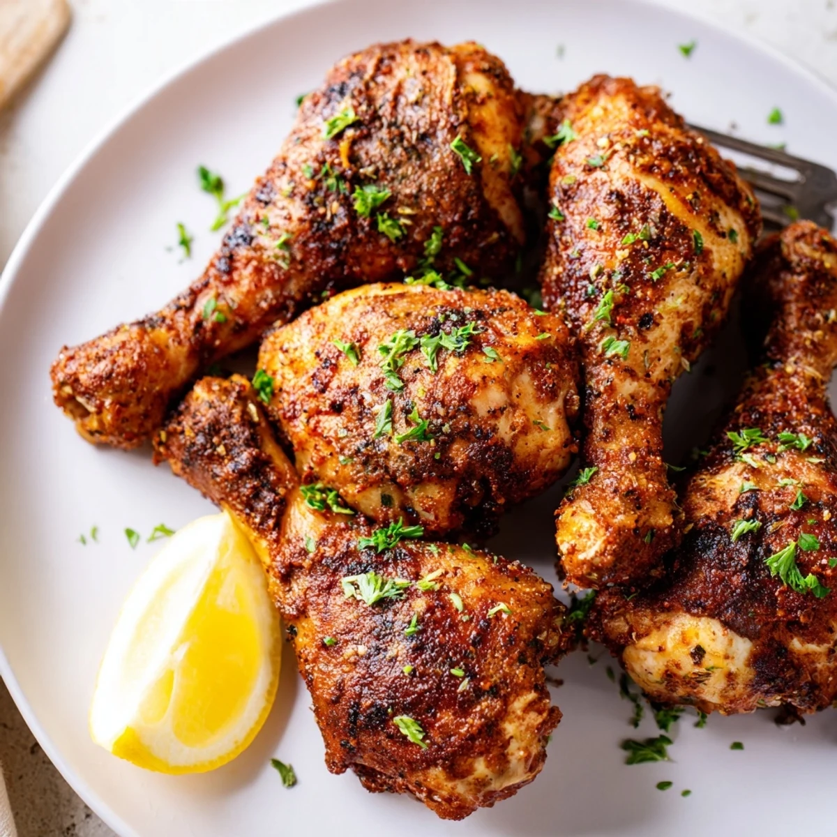 Golden oven baked chicken legs with crispy skin and paprika seasoning on a wire rack