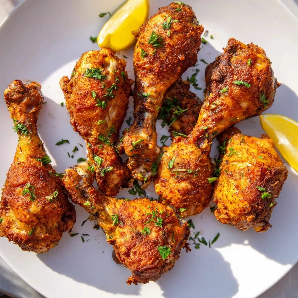 Juicy oven baked chicken legs garnished with fresh parsley and lemon wedges on a white plate