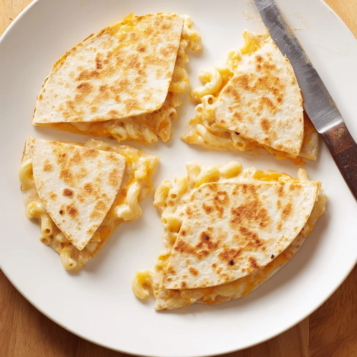 Halved quesadilla revealing creamy pasta and cheese filling inside a toasted flour tortilla