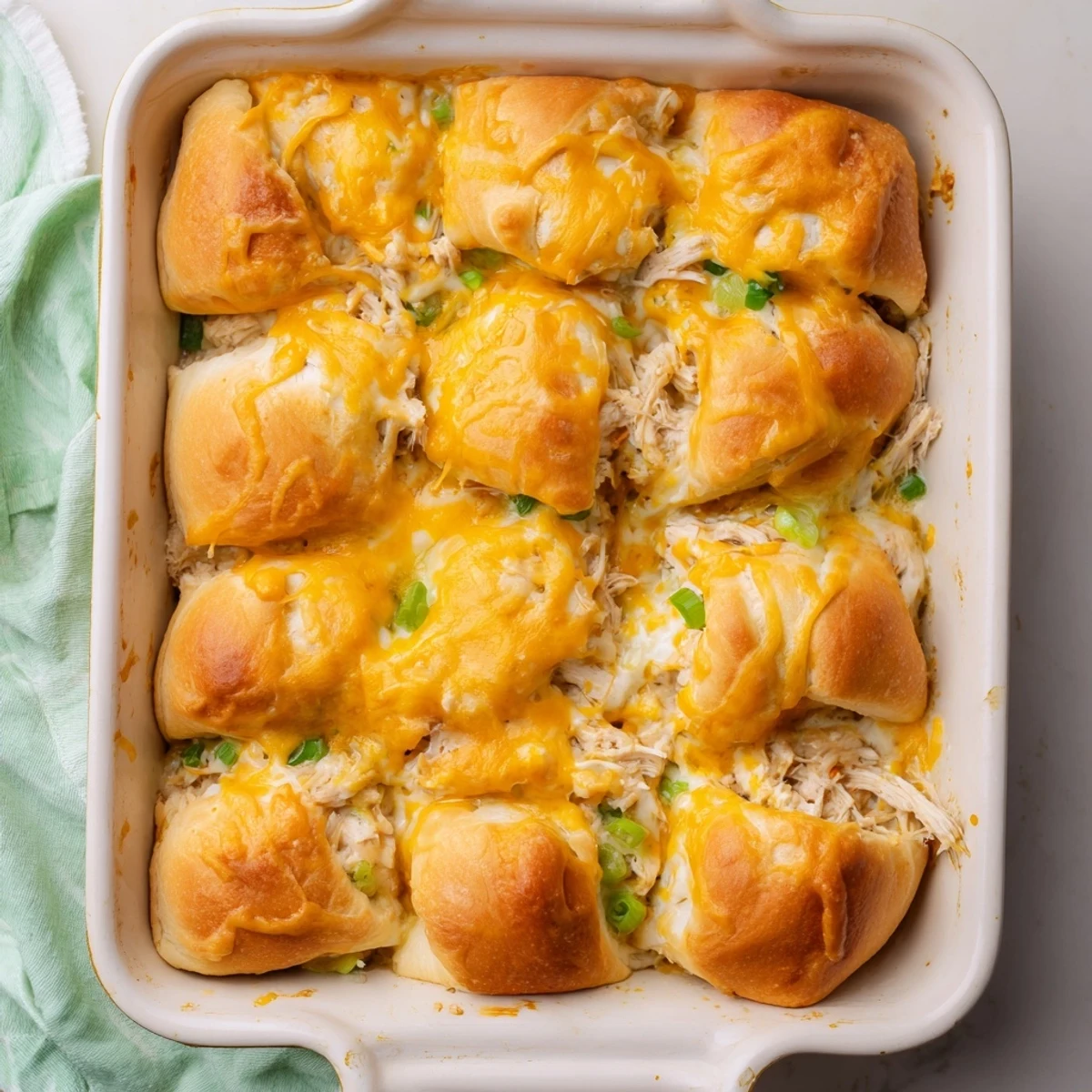 Golden brown cheesy chicken crescent bake with bubbling melted cheese topping and flaky pastry