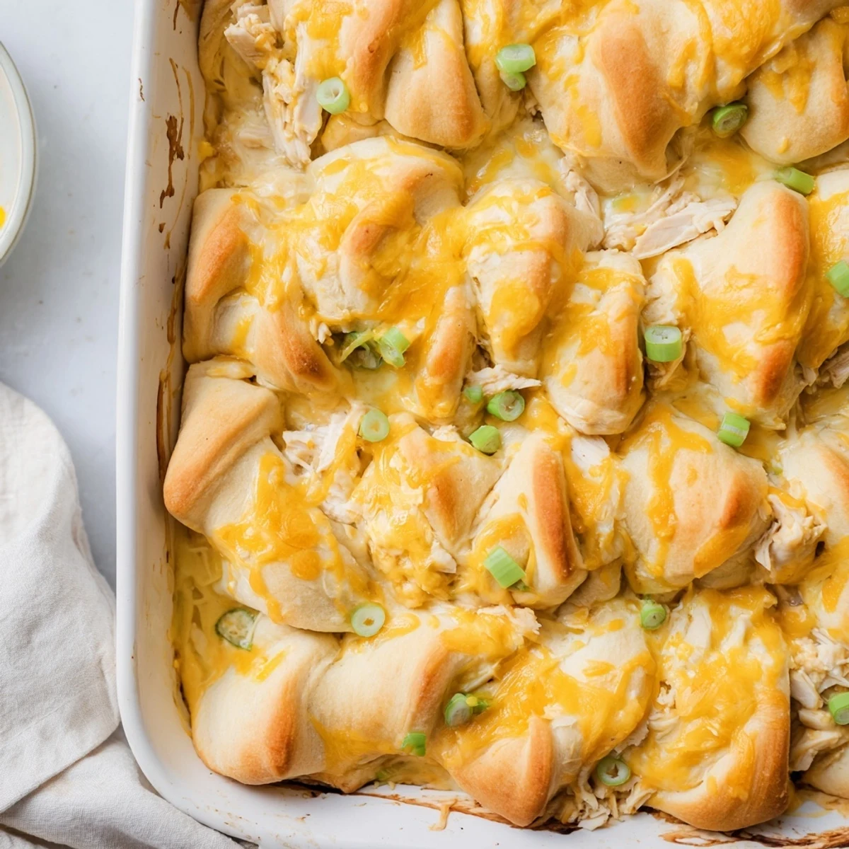Homemade chicken crescent bake casserole with gooey mozzarella cheese and golden pastry crust