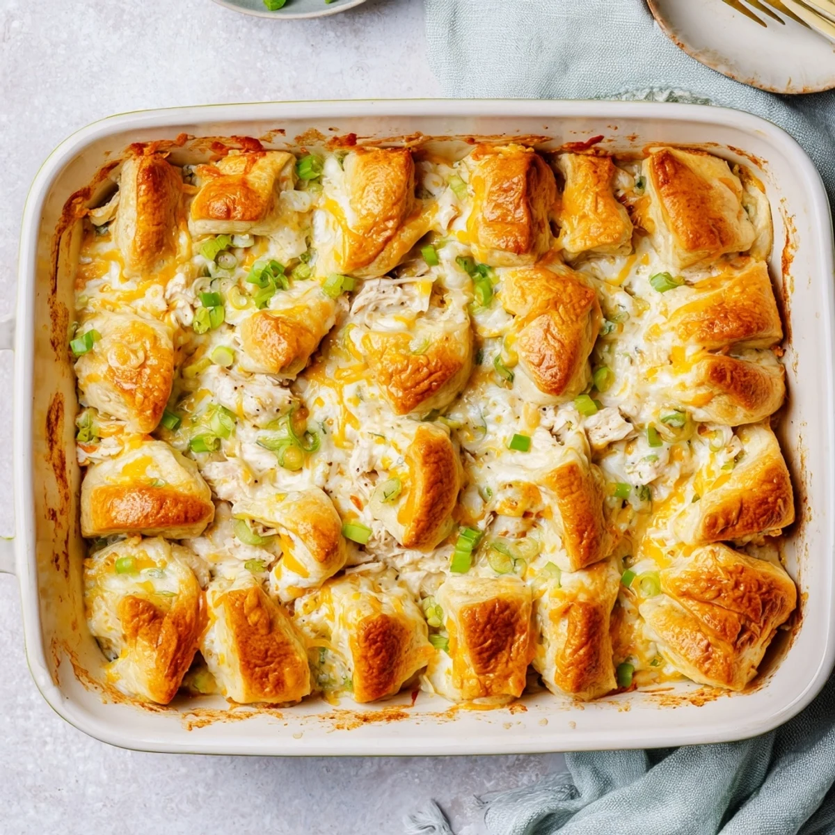 Baked crescent rolls stuffed with creamy chicken and cheddar cheese served family style