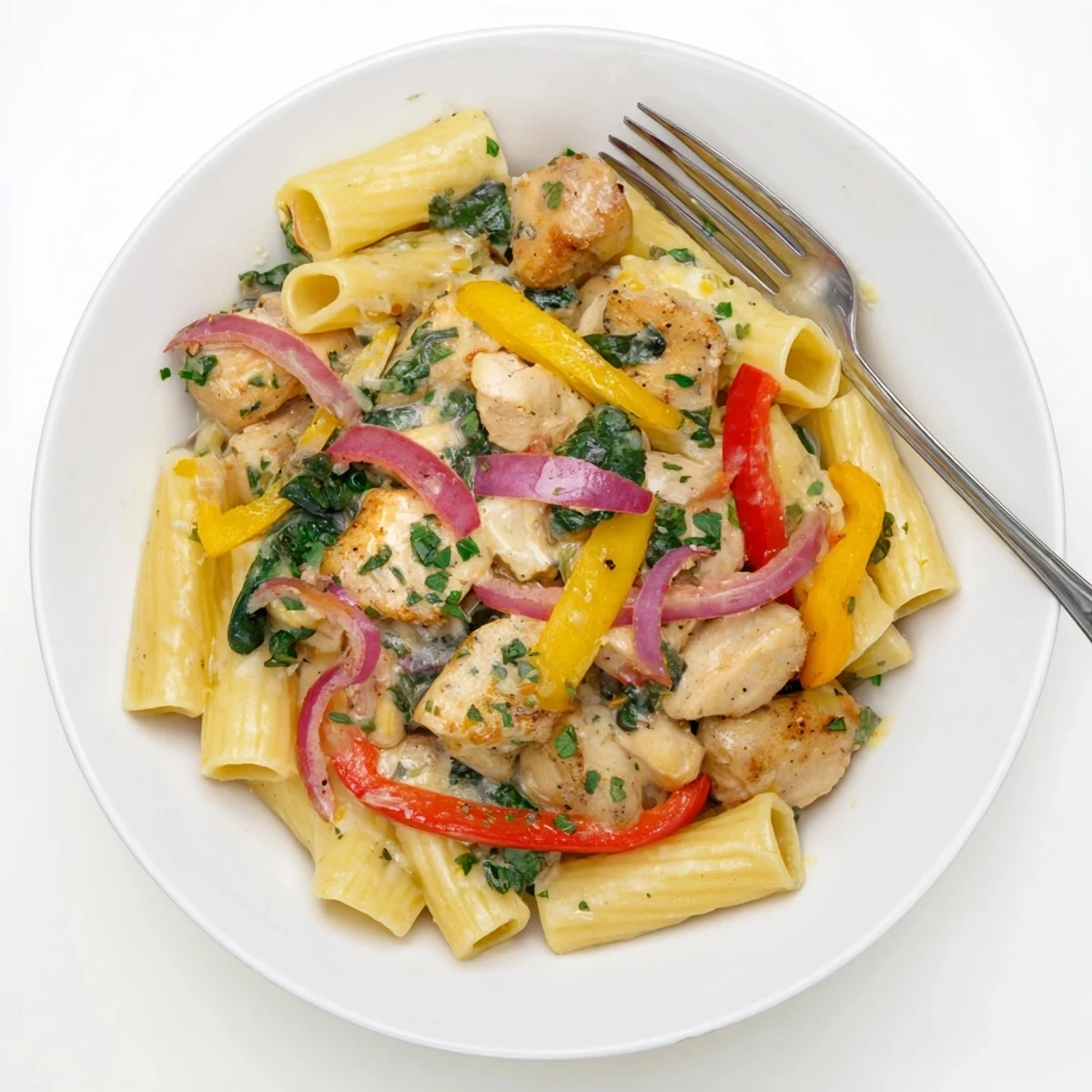 Creamy cowboy butter chicken pasta tossed with colorful peppers and fresh herbs in a rich, zesty sauce