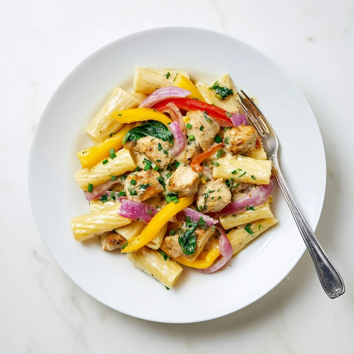 Golden chicken pieces nestled in penne pasta coated with melted herb butter and parmesan cream sauce