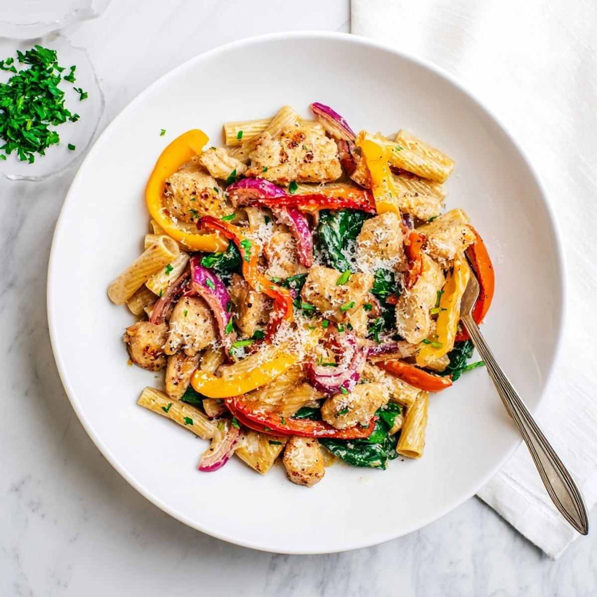 Steaming bowl of cowboy butter chicken pasta featuring spinach, bell peppers, and savory spiced cream sauce