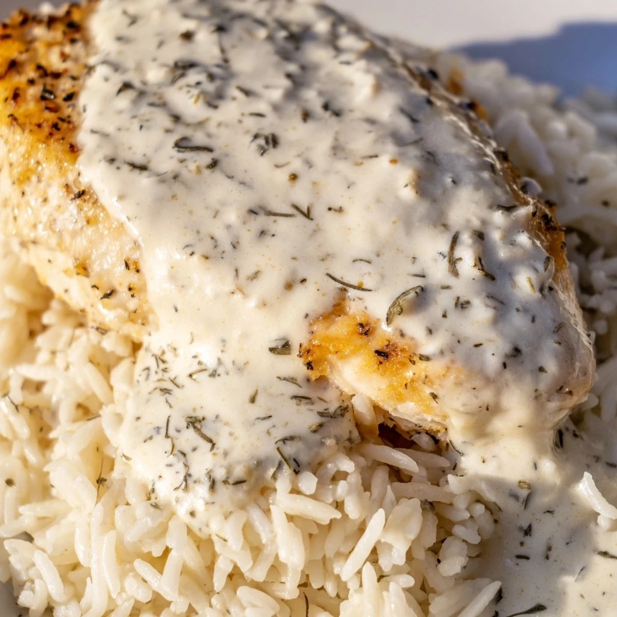 Golden brown chicken breasts nestled in rich Parmesan cream sauce over fluffy white rice
