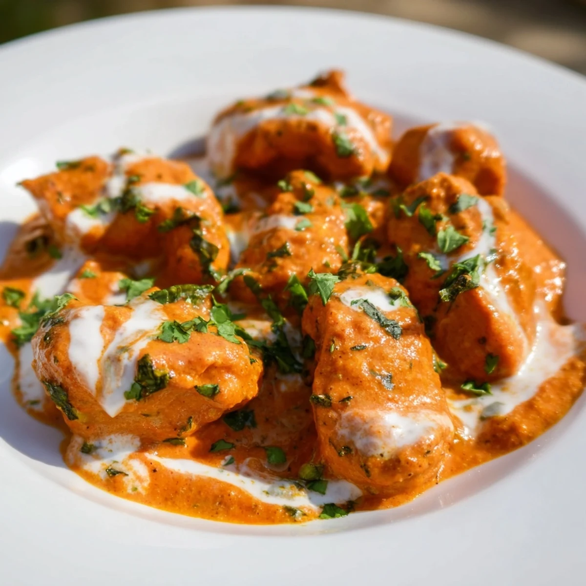 Creamy butter chicken served in a vibrant orange tomato sauce over fluffy basmati rice