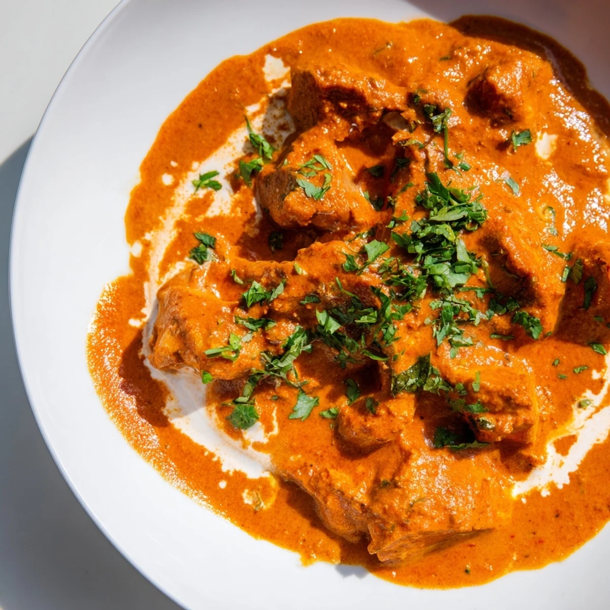 Tender pieces of spiced chicken swimming in rich butter chicken curry with fresh cilantro