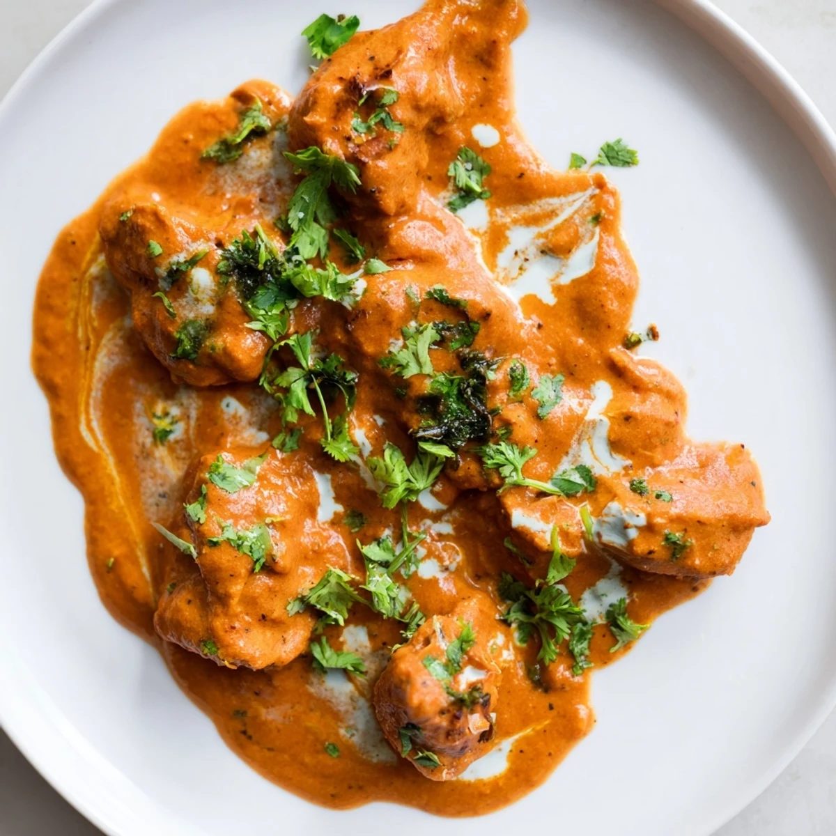Golden butter chicken with grilled chicken pieces in a velvety tomato cream sauce