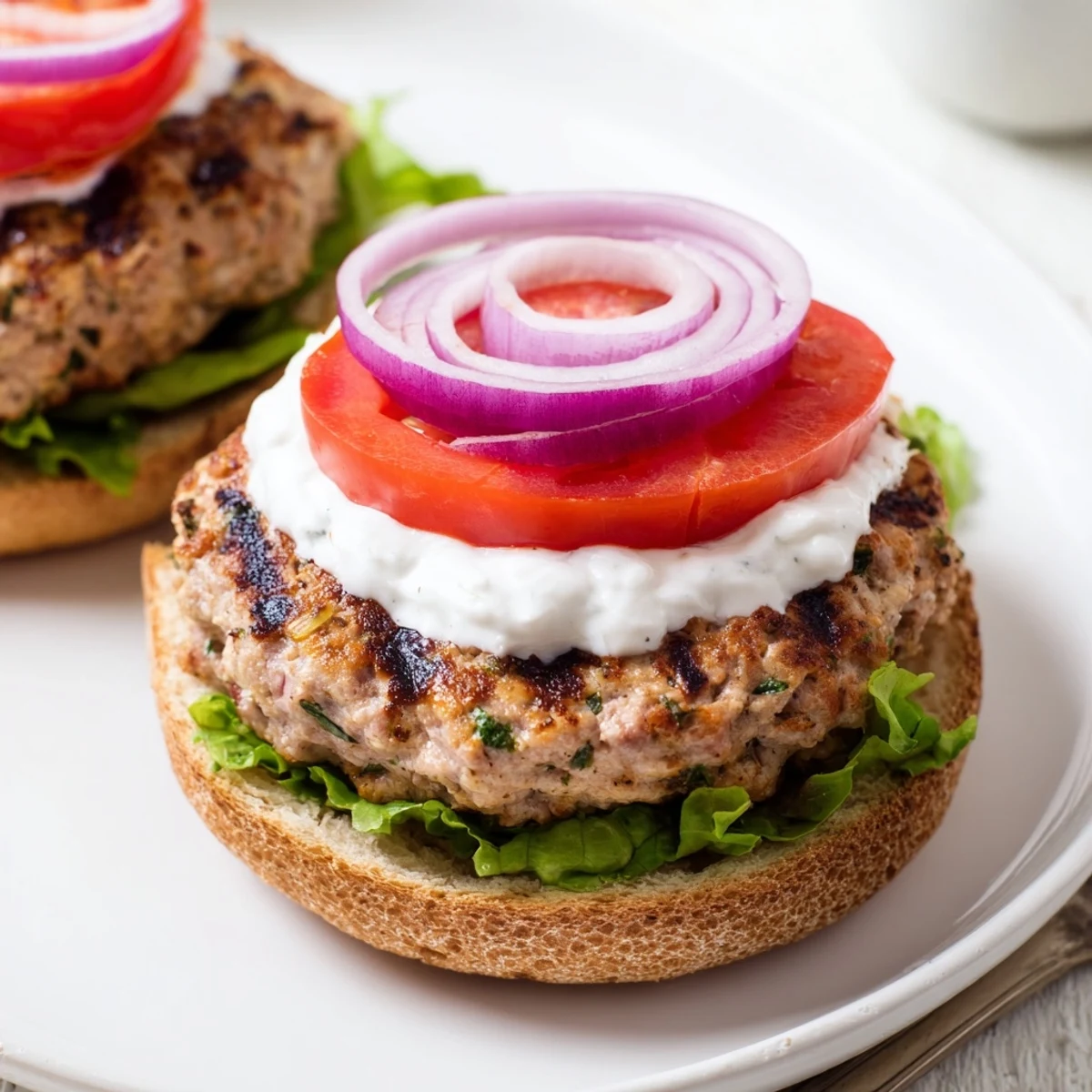 Juicy healthy high protein burger with crisp lettuce, ripe tomato, and creamy Greek yogurt sauce on a toasted whole wheat bun