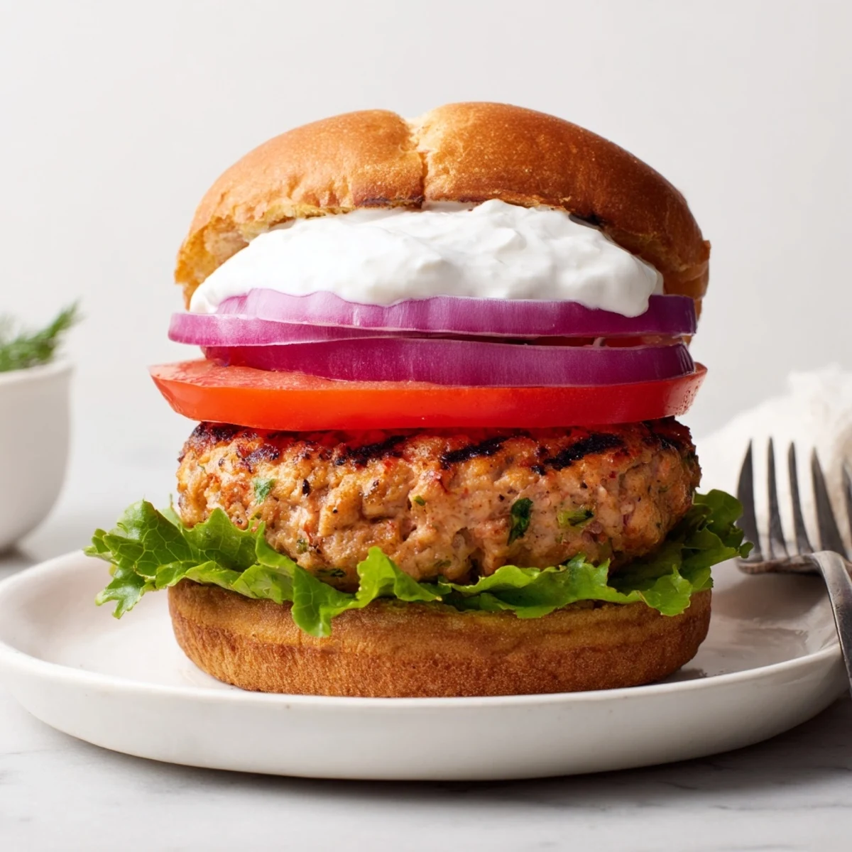 Golden brown lean turkey healthy high protein burger stacked with fresh avocado slices, red onion rings, and crisp green lettuce