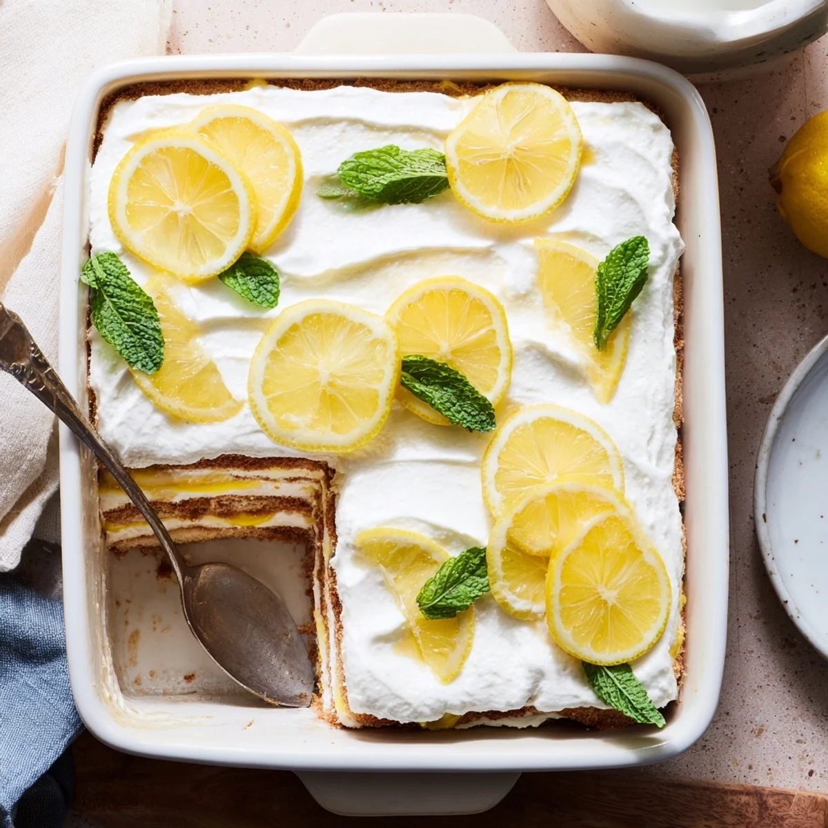 Golden layered fresh lemon tiramisu with creamy mascarpone and bright lemon zest garnish