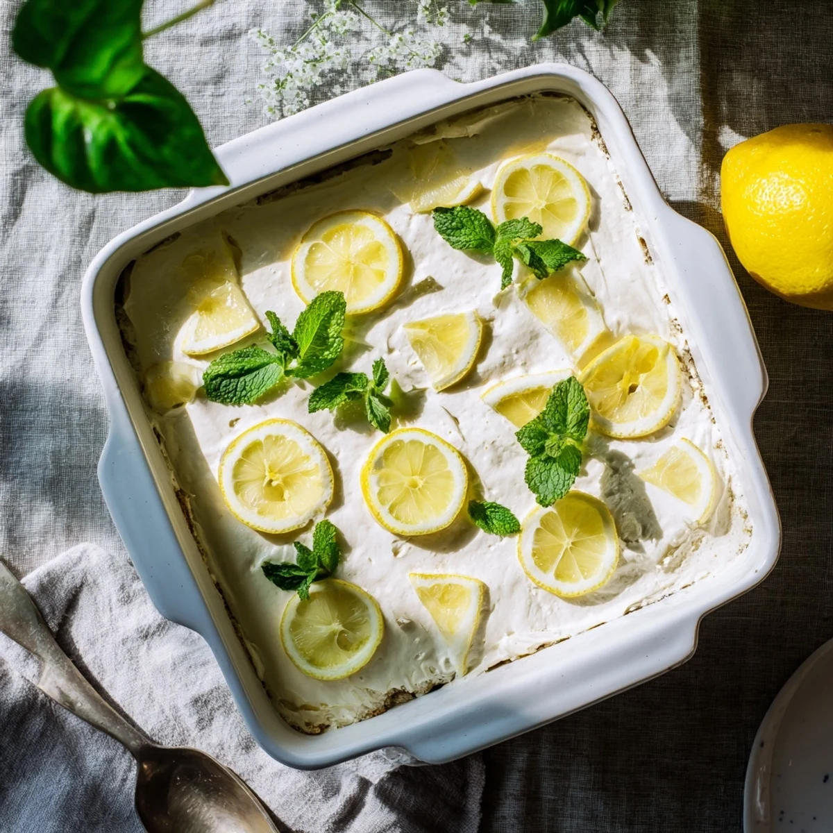 Creamy Italian fresh lemon tiramisu dessert showing soft ladyfinger layers and smooth mascarpone topping