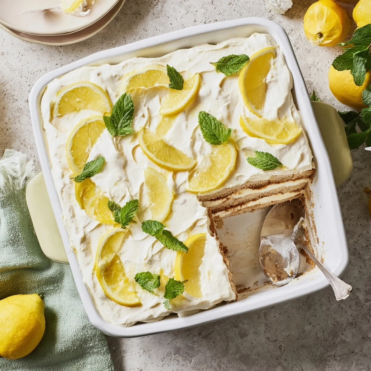 White dessert dish of fresh lemon tiramisu topped with thin lemon slices and mint