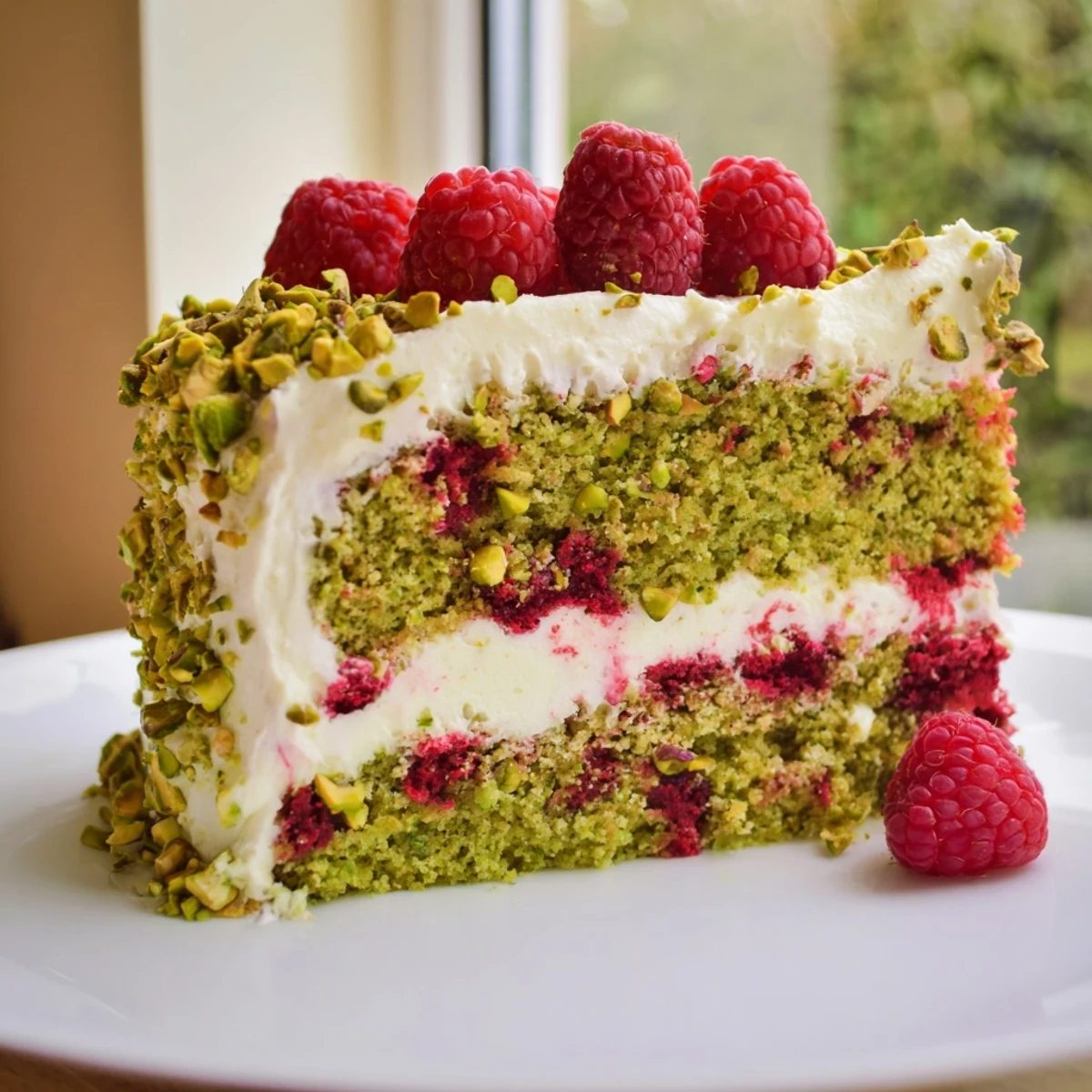 Elegant layered pistachio raspberry cake topped with chopped nuts and ruby red raspberries