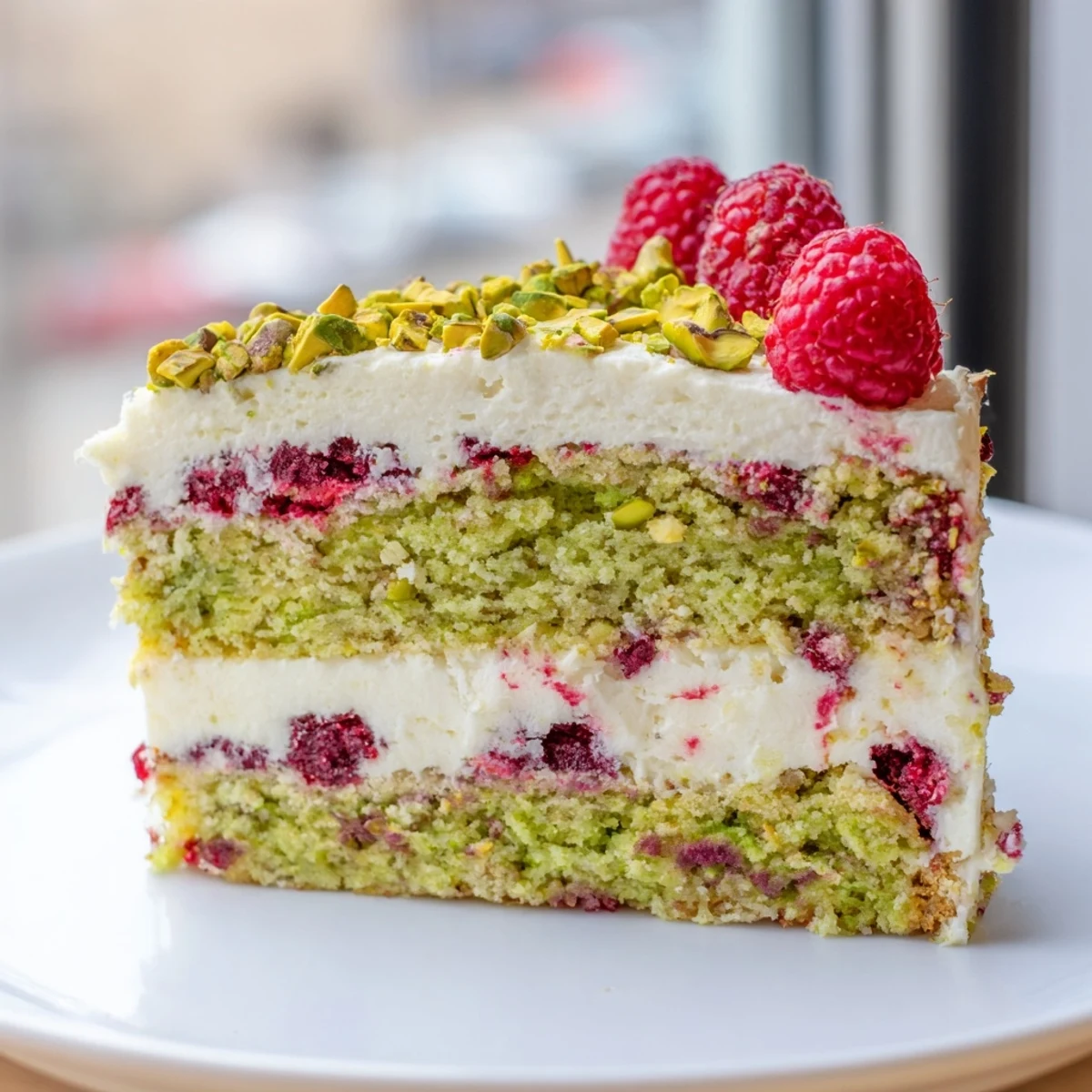 Golden pistachio raspberry cake slice with cream cheese frosting and fresh berry garnish