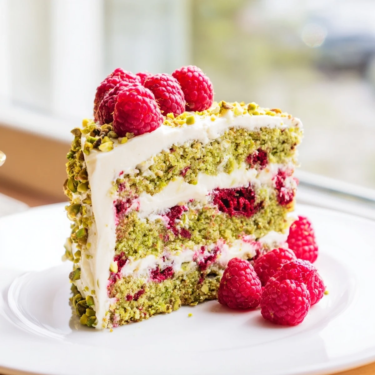 Moist pistachio raspberry cake with fluffy frosting, pistachio crumble, and fresh fruit decoration