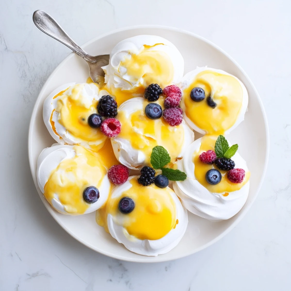 Golden meringues filled with vibrant citrus curd topped with fresh berries and mint