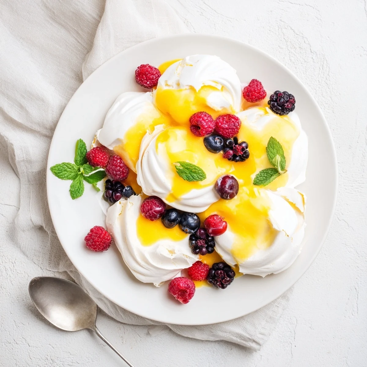 Airy meringue shells with glossy citrus curd garnished with edible flowers and berries