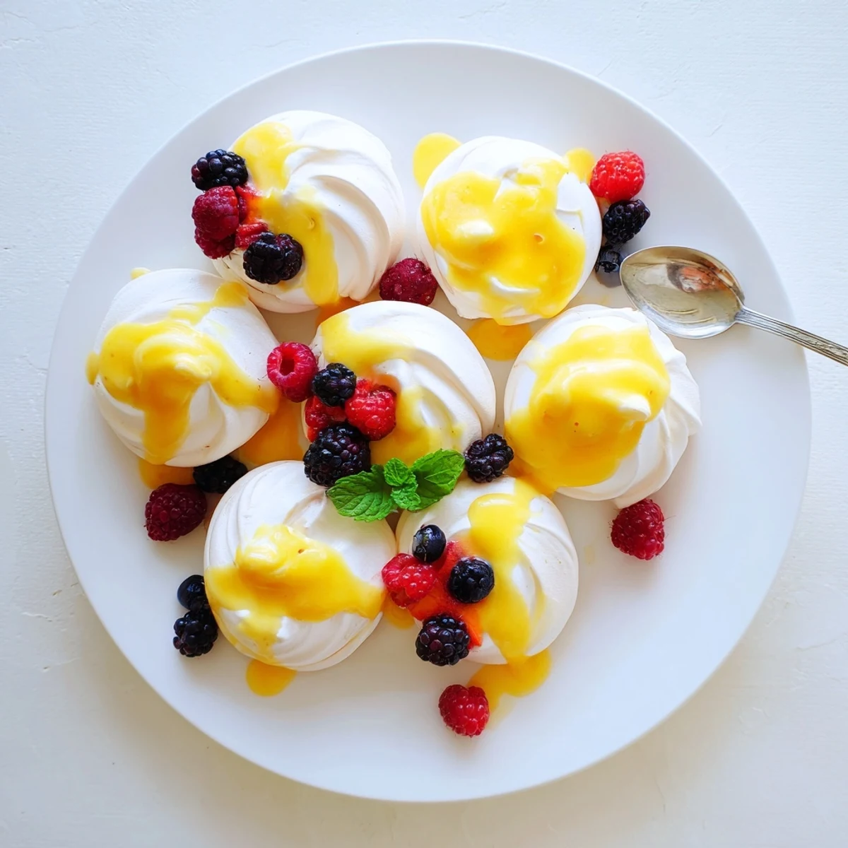 Crisp white meringue nests filled with tangy lemon orange curd on white plate