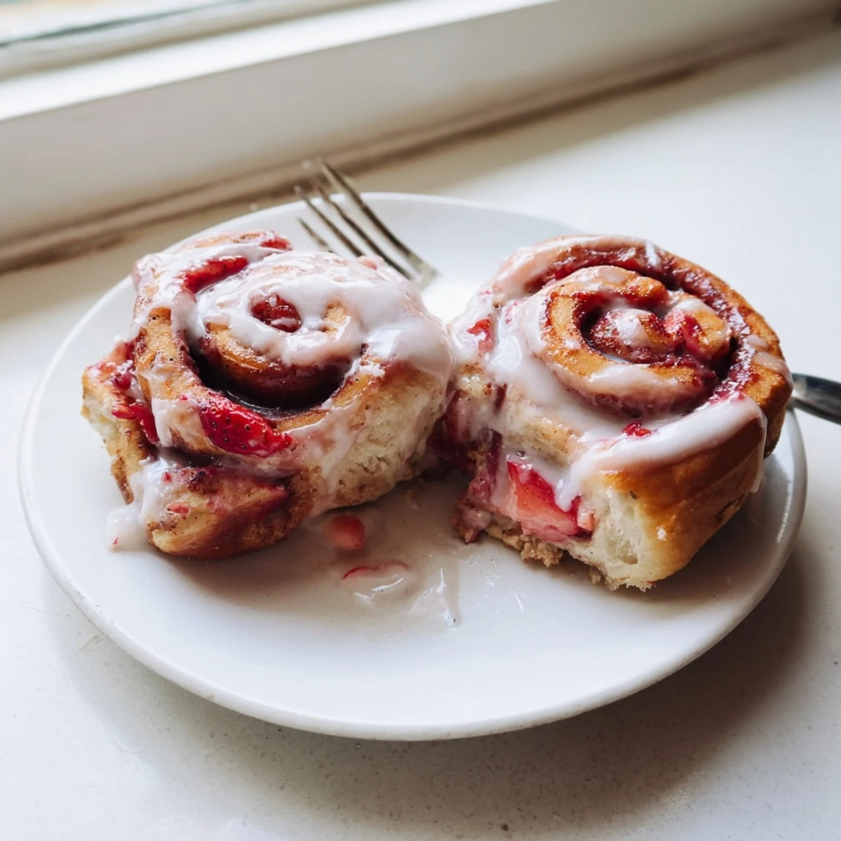 Fresh strawberry cinnamon rolls dripping with creamy white glaze on a serving plate