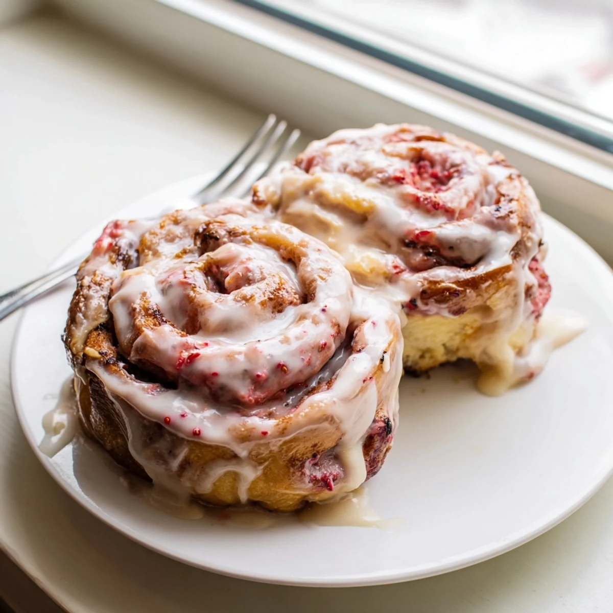 Golden homemade strawberry cinnamon rolls with sweet red fruit spiraled inside soft dough