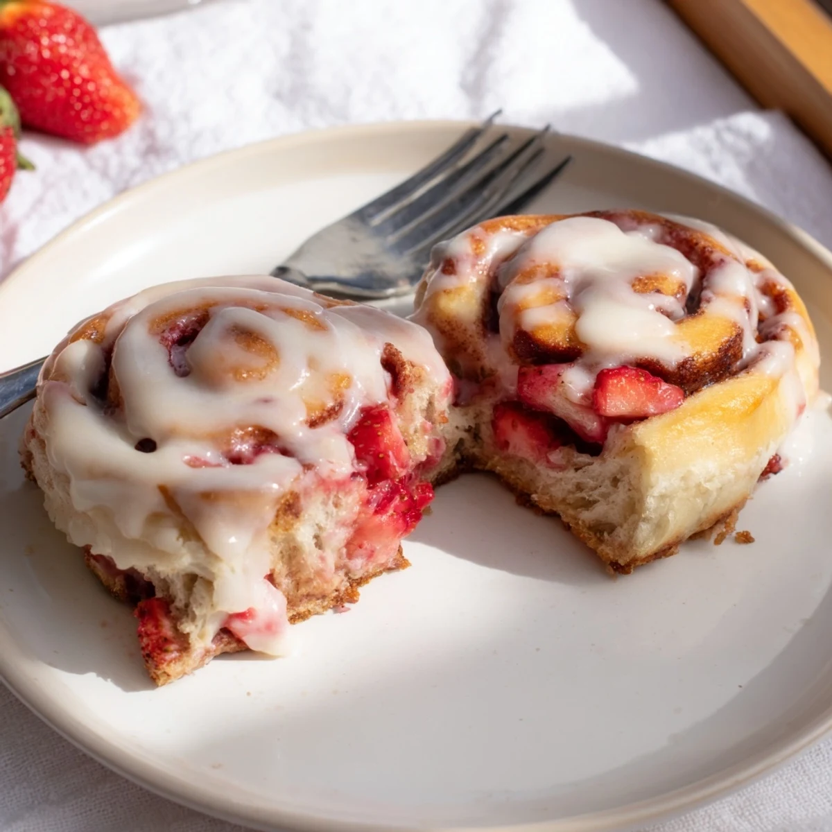 Warm breakfast strawberry cinnamon rolls topped with luscious cream cheese frosting and fresh berries