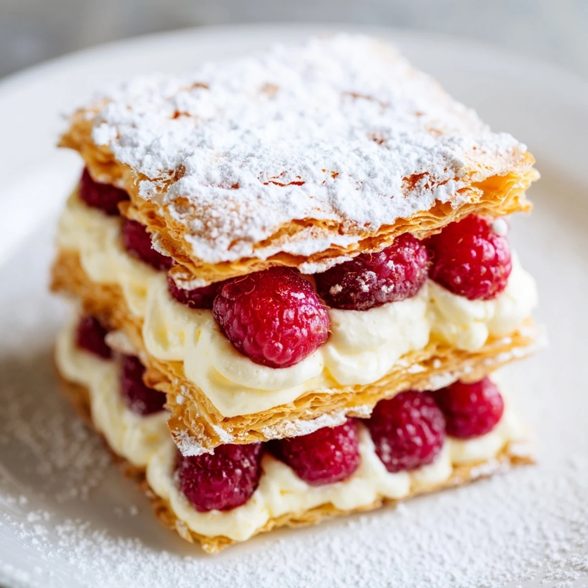 Golden raspberry cream Napoleons stacked with fresh berries and dusted powdered sugar