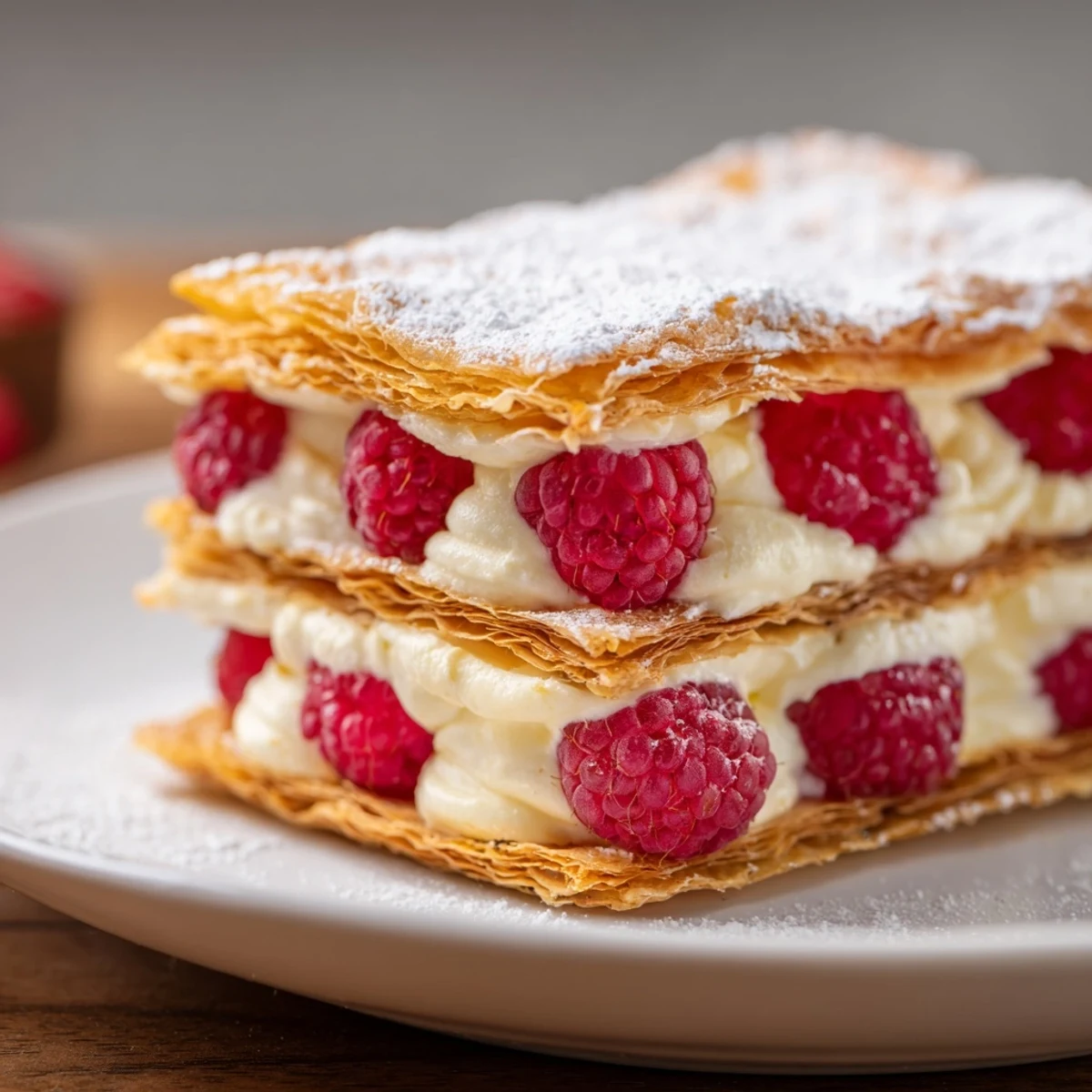 French dessert featuring crisp puff pastry layers filled with vanilla cream and raspberries