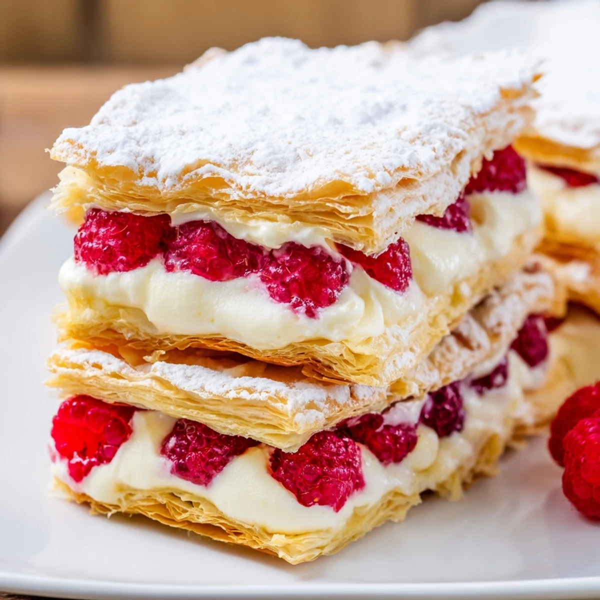 Elegant raspberry cream Napoleons dessert showcasing luscious filling and vibrant red berries
