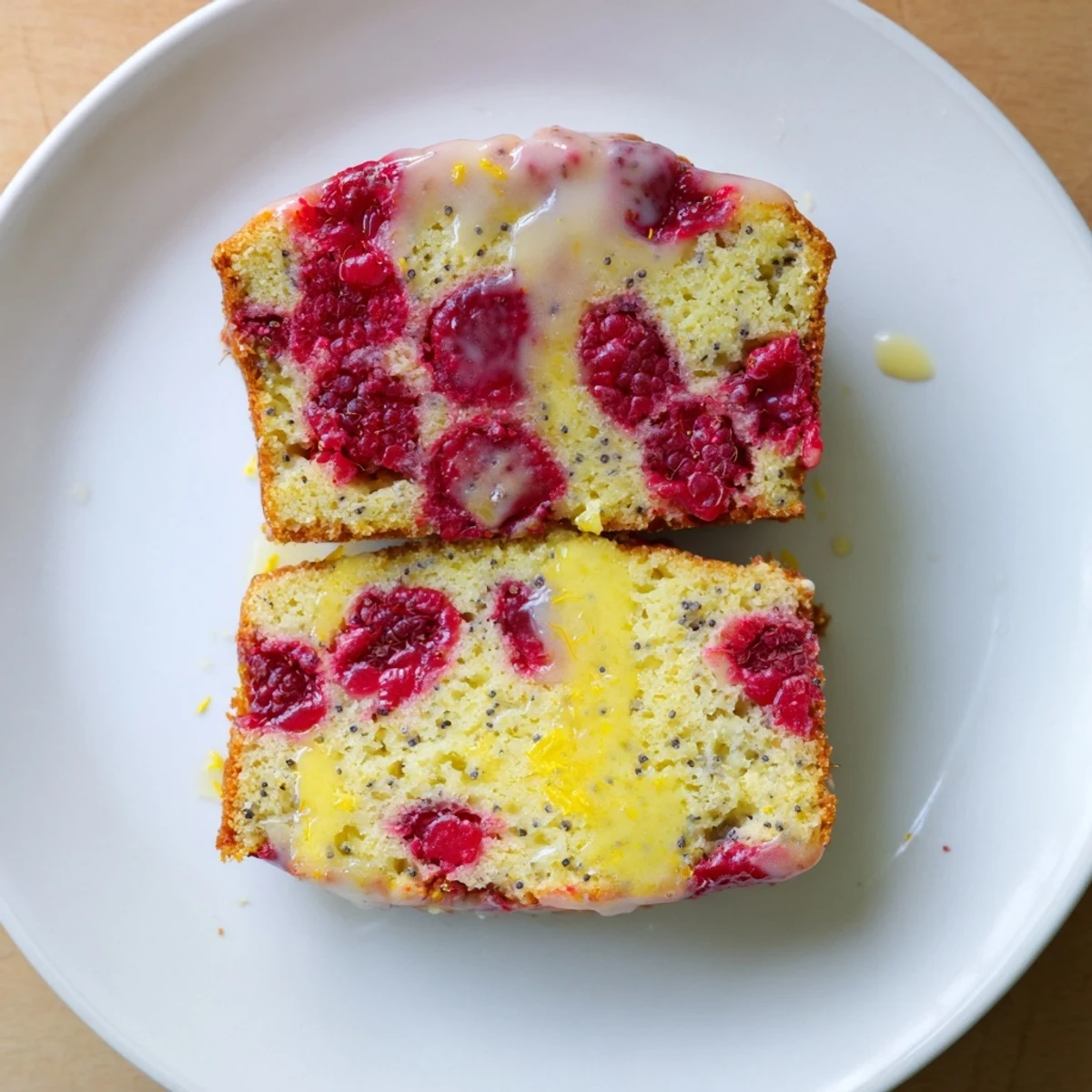Golden raspberry lemon poppyseed loaf cake drizzled with white lemon glaze on wooden board